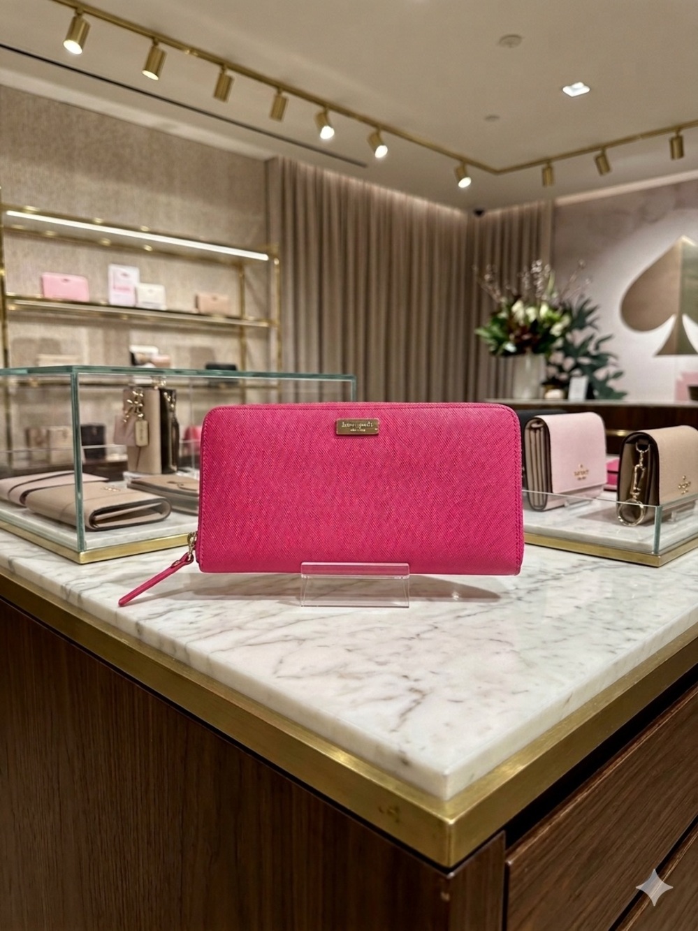 kate spade Hot Pink Zip-Around Saffiano Wallet with Gold Logo